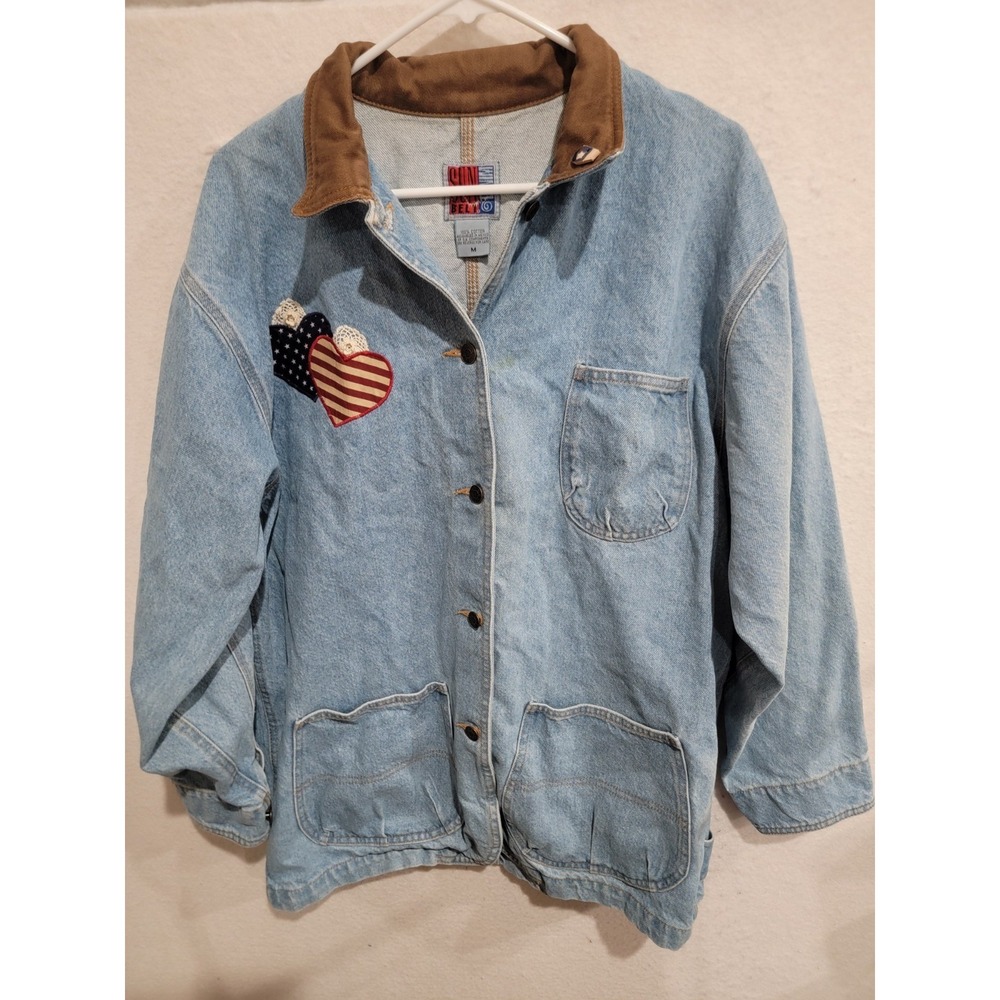 Vintage Sun Belt Denim Chore Jacket Medium‎ Americana Heart Patriotic Doily 90s
